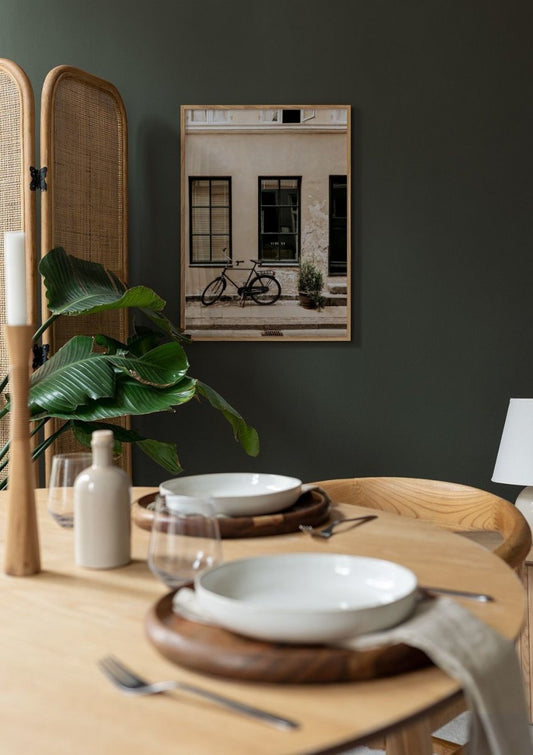 Watercolor black bicycle poster for nursery and home wall decor.