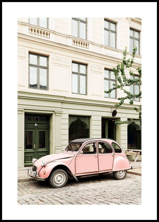 Watercolor pink retro car poster for nursery and home wall decor.
