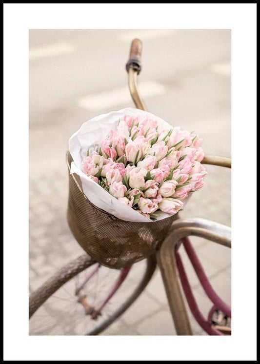 Watercolor pink tulips on bicycle poster for nursery and home wall decor.