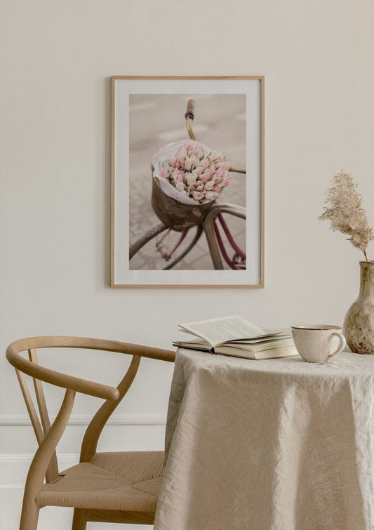 Watercolor pink tulips on bicycle poster for nursery and home wall decor.