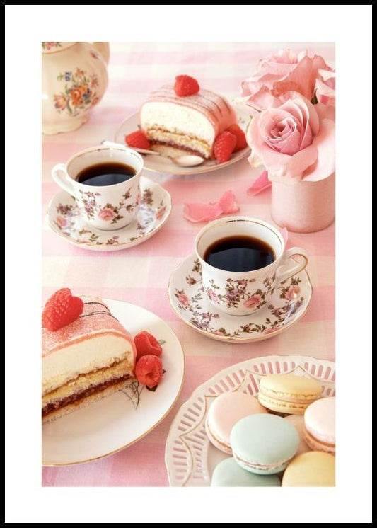 Watercolor coffee and cake poster for nursery and home wall decor.