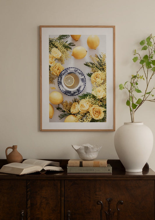 Watercolor lemon tea poster for nursery and home wall decor.
