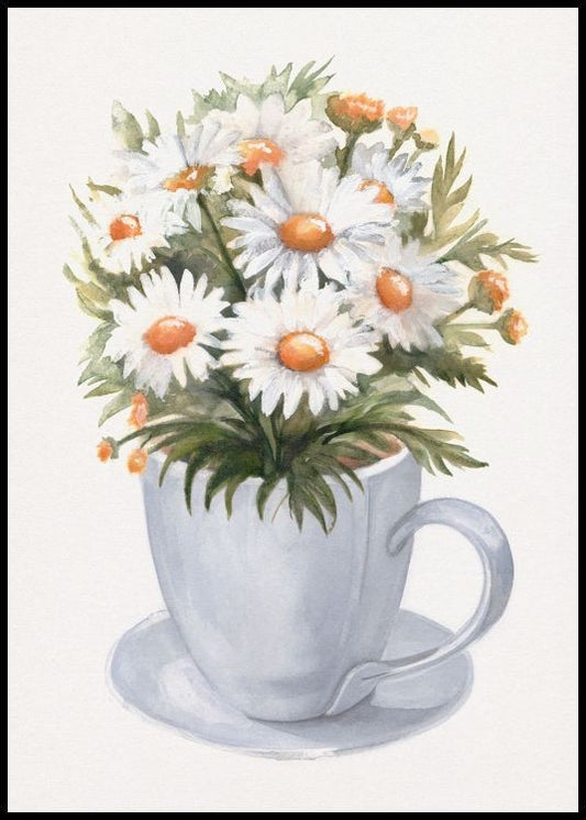 Watercolor cup of daisies poster for nursery and home wall decor.