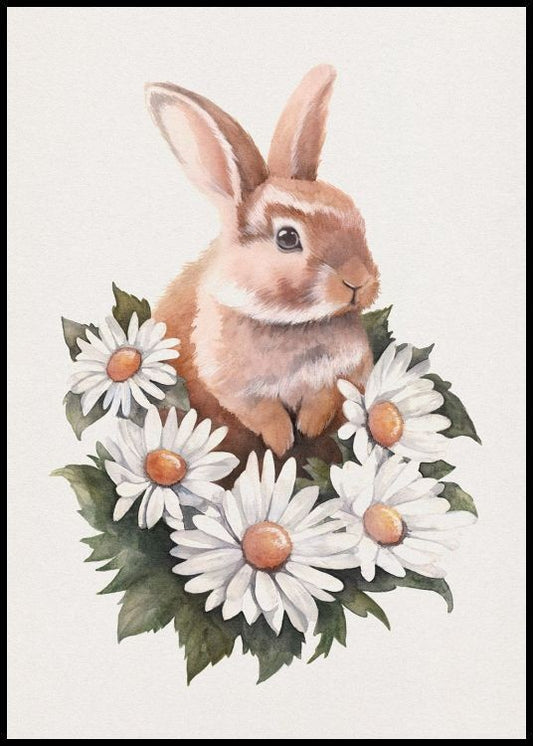 Watercolor bunny in daisies poster for nursery and home wall decor.