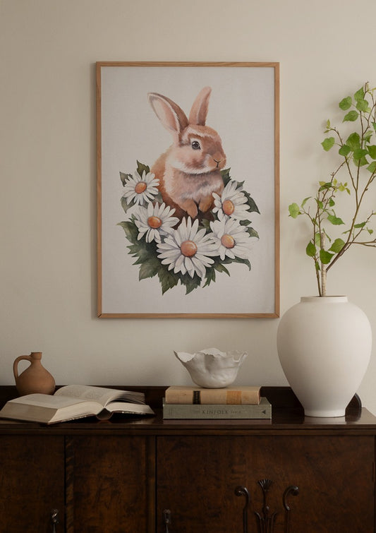 Watercolor bunny in daisies poster for nursery and home wall decor.