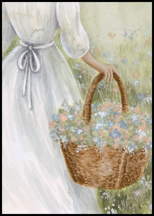 Watercolor picking flowers poster for nursery and home wall decor.