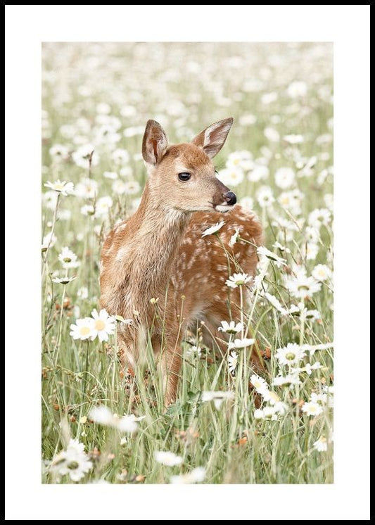 Watercolor deer in daisy meadow poster for nursery and home wall decor.