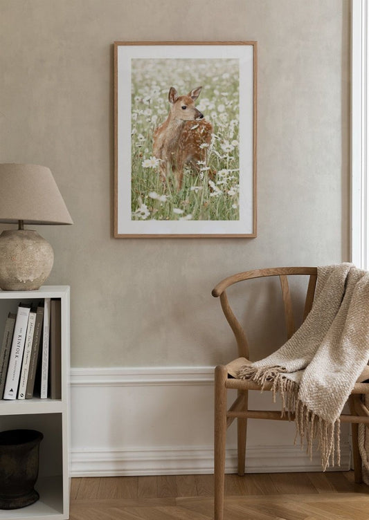 Watercolor deer in daisy meadow poster for nursery and home wall decor.