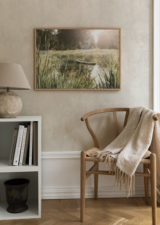 Watercolor calm days by the lake poster for nursery and home wall decor.