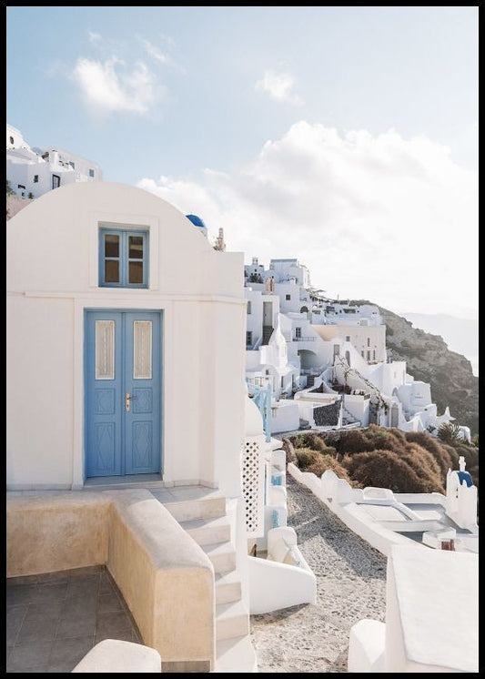 Watercolor greek village poster for nursery and home wall decor.