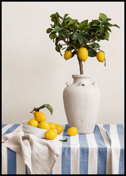 Watercolor lemons on table poster for nursery and home wall decor.