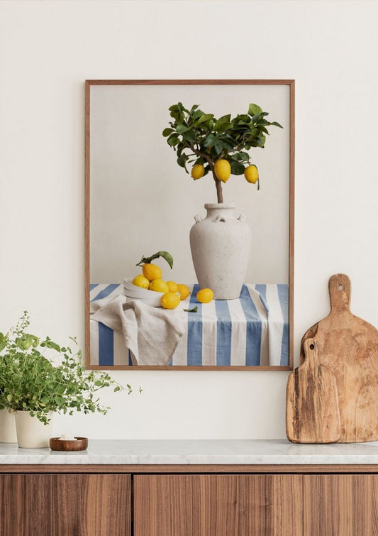 Watercolor lemons on table poster for nursery and home wall decor.