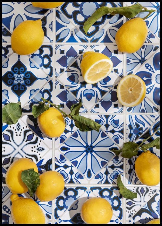 Watercolor tiles and lemons poster for nursery and home wall decor.