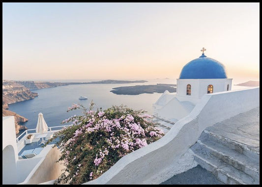 Watercolor santorini panorama poster for nursery and home wall decor.