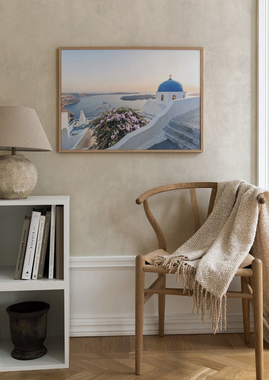 Watercolor santorini panorama poster for nursery and home wall decor.