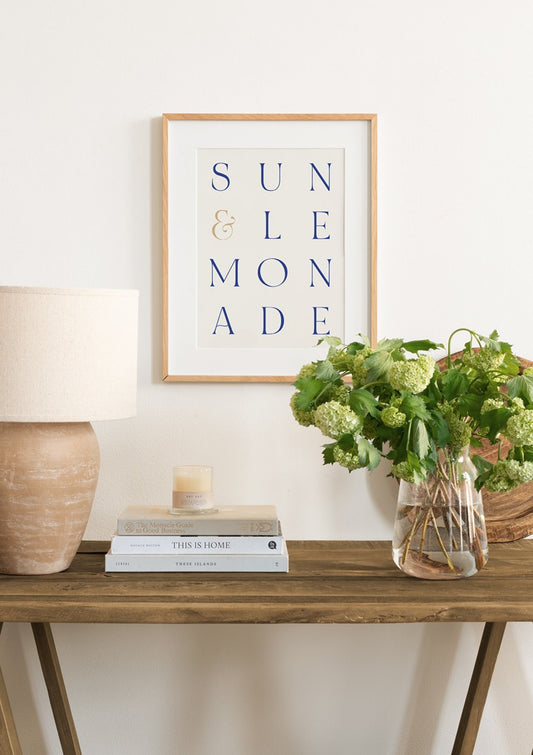 Watercolor sun and lemonade poster for nursery and home wall decor.