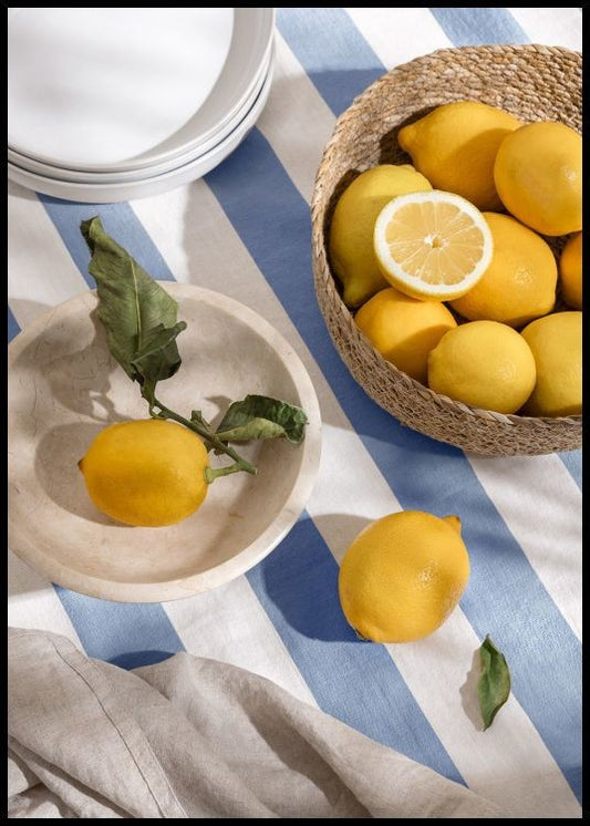 Watercolor stripes and lemons poster for nursery and home wall decor.