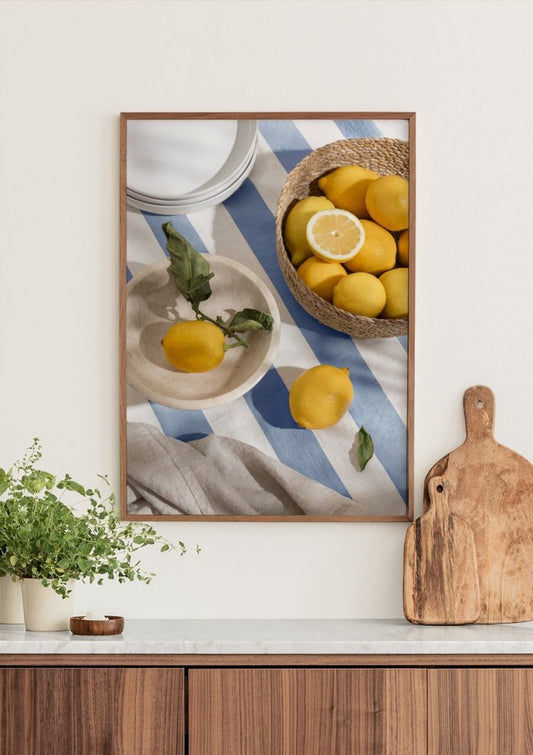 Watercolor stripes and lemons poster for nursery and home wall decor.