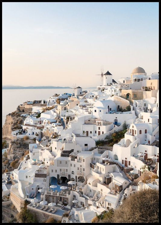 Watercolor santorini town poster for nursery and home wall decor.