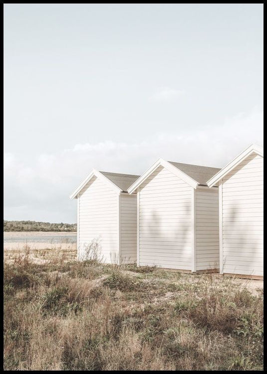 Watercolor archipelago cottages poster for nursery and home wall decor.
