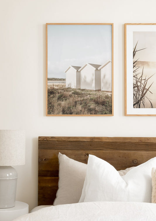 Watercolor archipelago cottages poster for nursery and home wall decor.