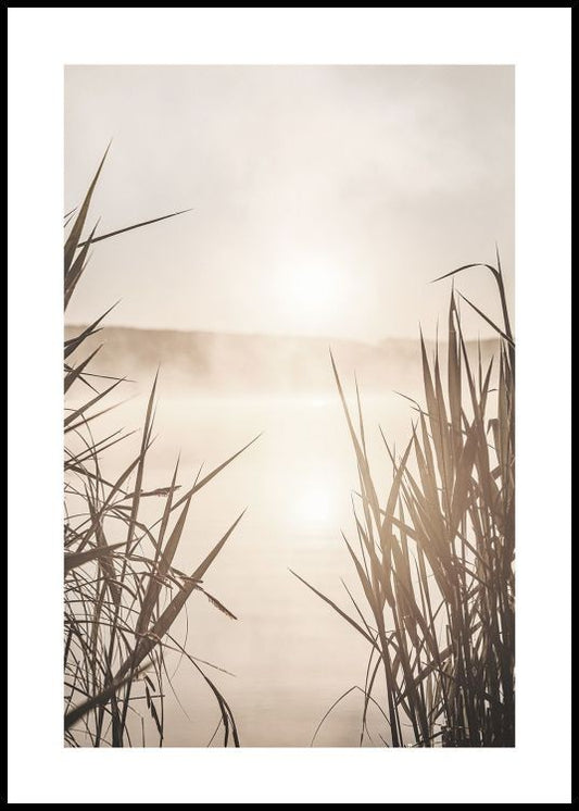 Watercolor sunrise on river poster for nursery and home wall decor.