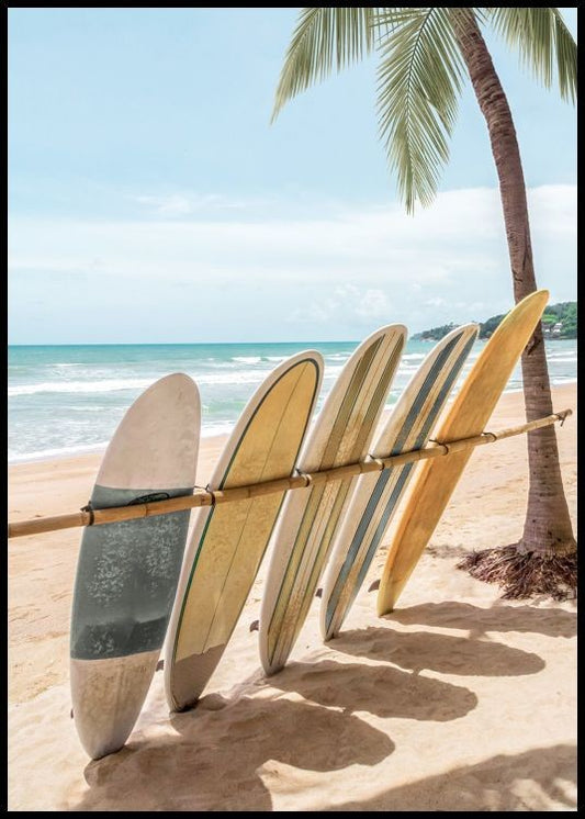 Watercolor lined up surfboards poster for nursery and home wall decor.