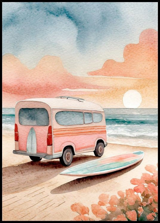 Watercolor sunset van poster for nursery and home wall decor.