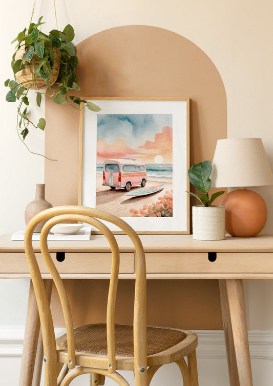 Watercolor sunset van poster for nursery and home wall decor.
