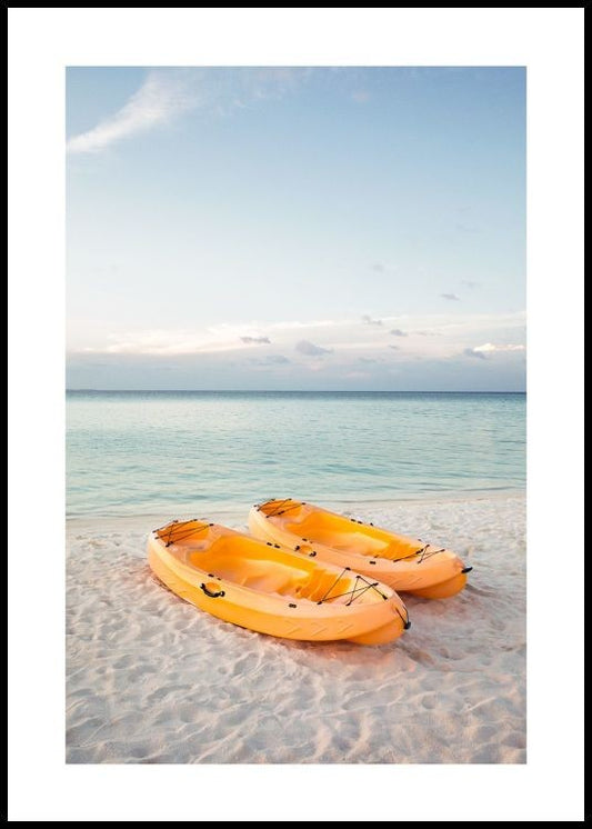 Watercolor pair of ocean kayaks poster for nursery and home wall decor.