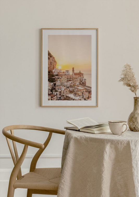 Watercolor italian sunset poster for nursery and home wall decor.