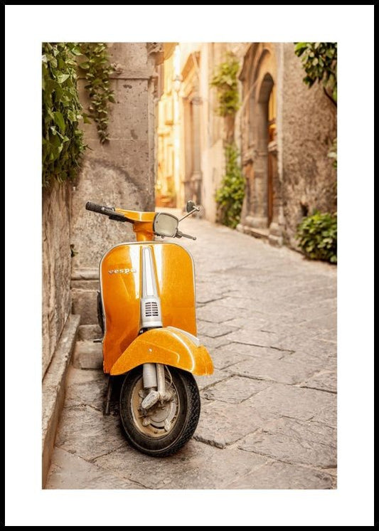 Watercolor orange vespa poster for nursery and home wall decor.