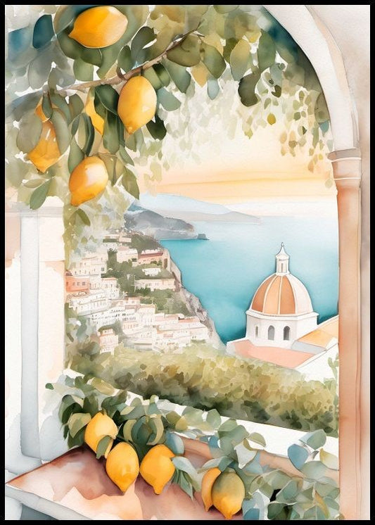 Watercolor amalfi art poster for nursery and home wall decor.