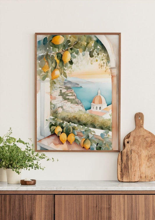 Watercolor amalfi art poster for nursery and home wall decor.