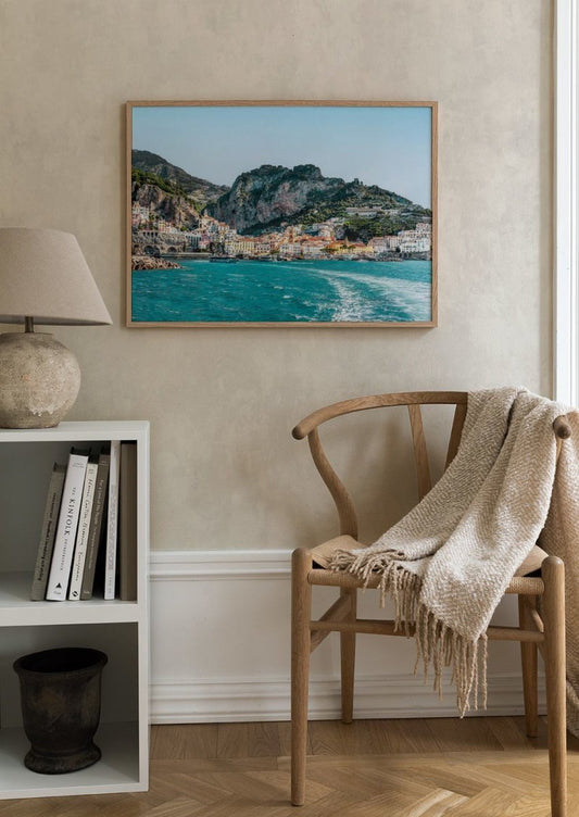 Watercolor approaching amalfi poster for nursery and home wall decor.