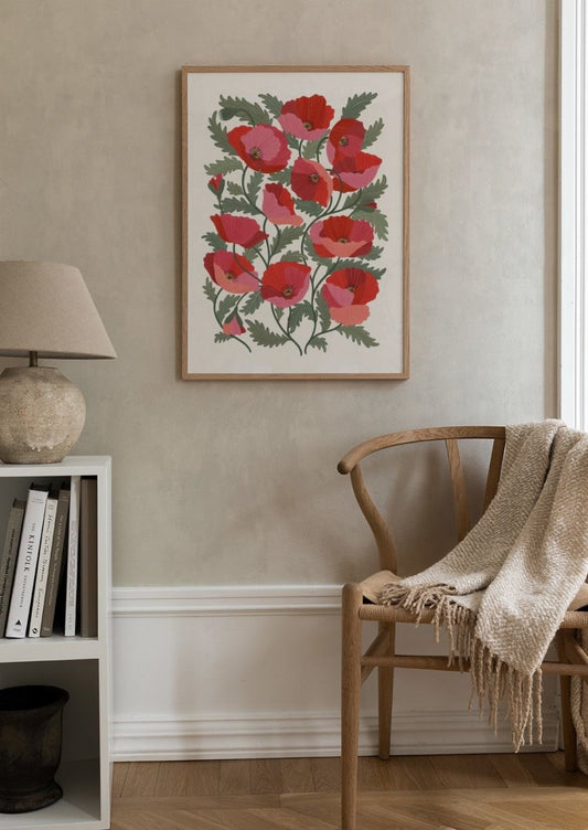 Watercolor poppy art poster for nursery and home wall decor.