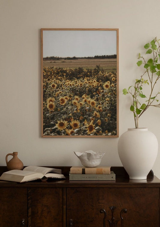 Watercolor field of sunflowers poster for nursery and home wall decor.