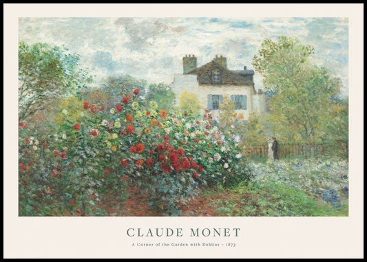 Watercolor monet - a corner of the garden with dahlias poster for nursery and home wall decor.