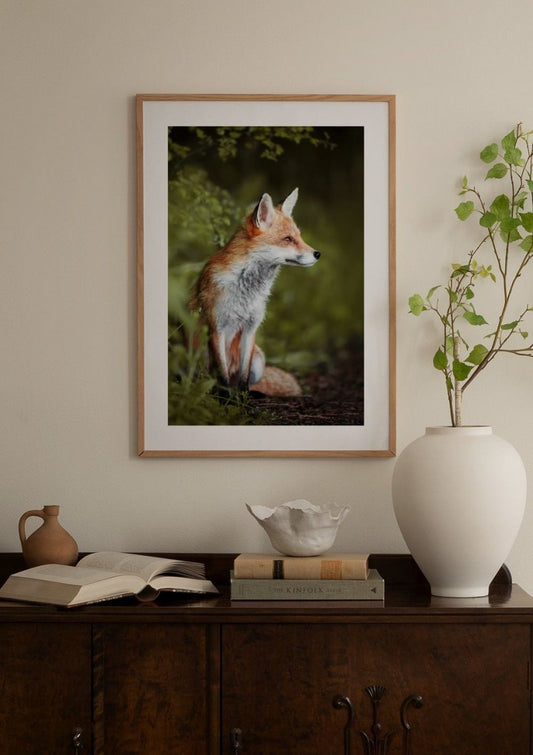 Watercolor thoughtful fox poster for nursery and home wall decor.