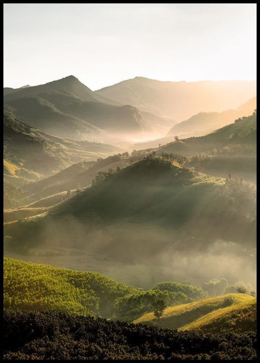 Watercolor majestic mountain view poster for nursery and home wall decor.