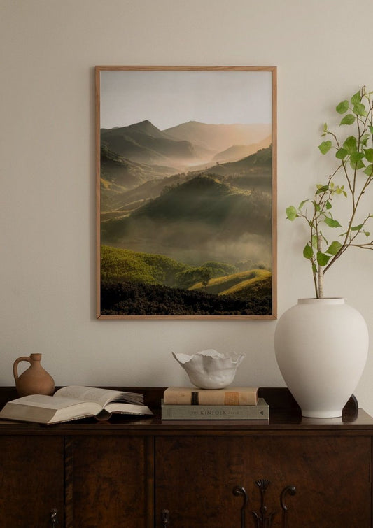 Watercolor majestic mountain view poster for nursery and home wall decor.