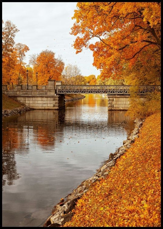 Watercolor autumnal bridge poster for nursery and home wall decor.