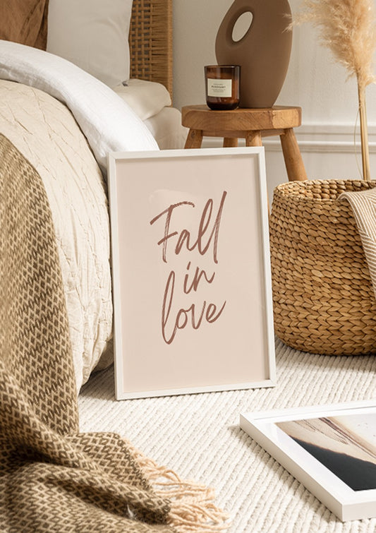 Watercolor fall in love script poster for nursery and home wall decor.