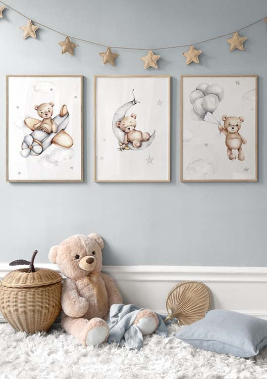 Watercolor kids teddy poster pack for nursery and home wall decor.