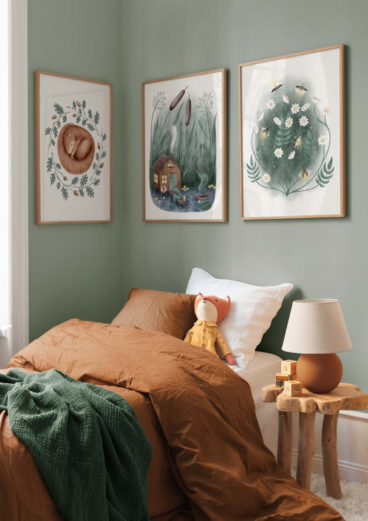 Watercolor kids nature poster pack for nursery and home wall decor.
