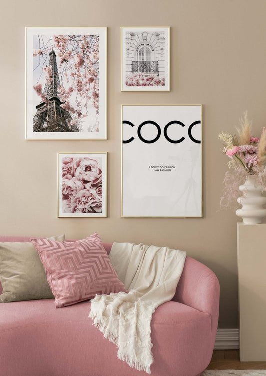 Watercolor pink paris poster pack for nursery and home wall decor.