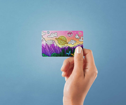 Watercolor purple mountains design | credit card sticker | small chip | credit card skin for nursery and home wall decor.