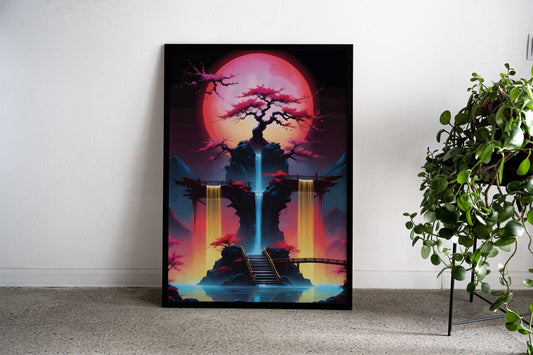red moon Sakura Tree Asian Style Poster | Wall Art for Home & Office | High-Quality Print - High-Quality Visual Display