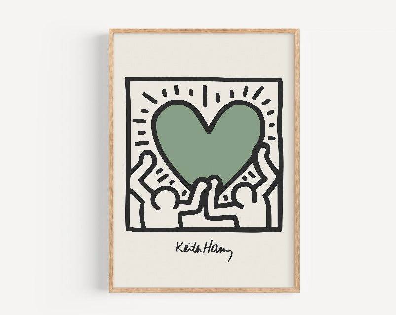 Sage Green Love Heart Print Inspired by Keith Haring