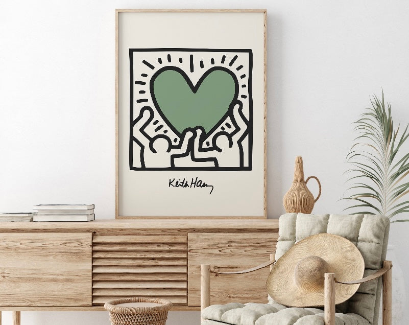 Sage Green Love Heart Print Inspired by Keith Haring